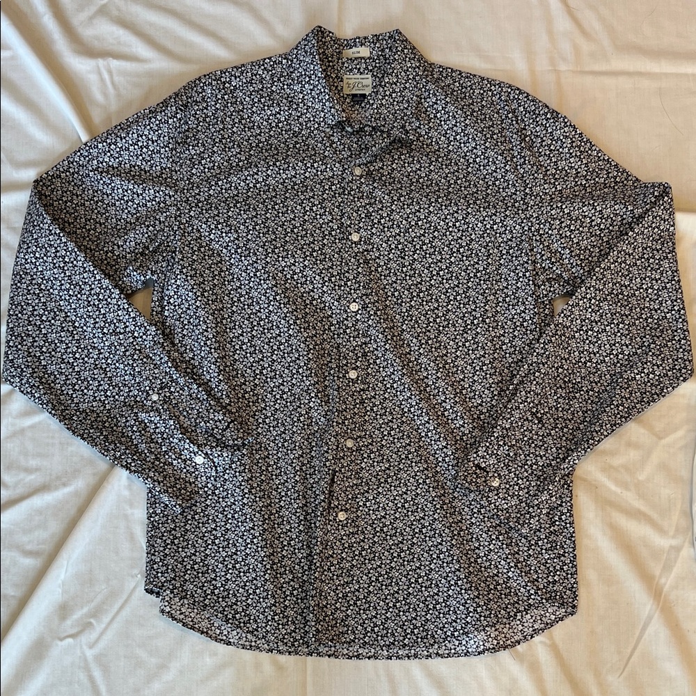 J. Crew Men's Navy and White Floral Button Down Shirt